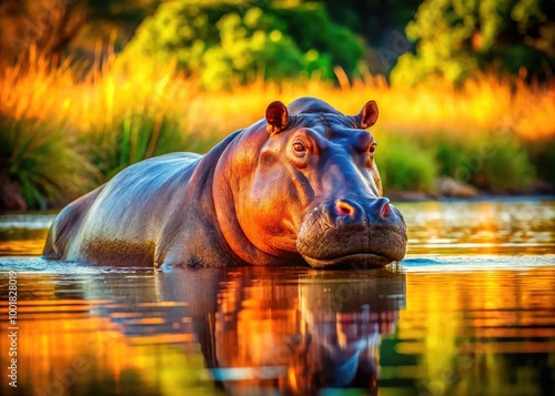 Majestic Hippopotamus in Natural Habitat, Lazing by the Water Under the Warm African Sunlight