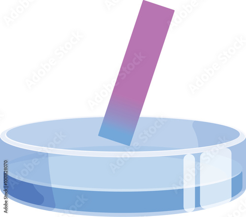 Litmus paper is dipping in blue liquid in a petri dish to test its ph