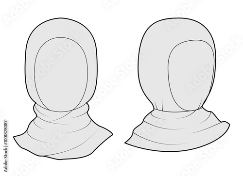 Set of Hijab Hat Scarf. Muslim Head Fashion accessory cap clothing technical illustration. Vector headgear for Men, women, unisex style, flat template CAD mockup sketch outline isolated