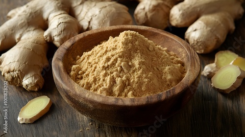 Fresh ginger root and ground ginger powder in wooden bowl. 