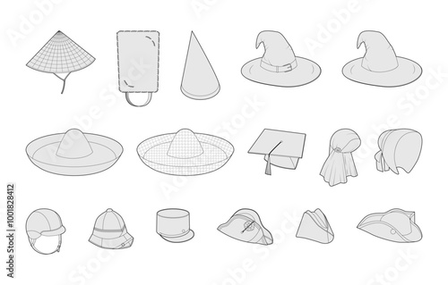 Set of Different Hats - Coolie Mortarboard Sombrero Wizard, Bicorne Bonnet Bearskin, Kepi Pith Riding Helmet. Head Fashion accessory caps technical illustration. Vector for Men, women style, flat CAD