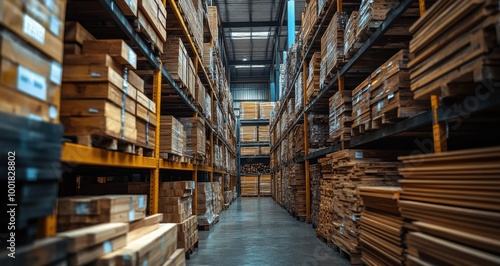 Wooden planks and beams stacked in a warehouse during the day, showcasing construction materials in a lumberyard