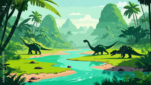vector illustration of dinosaur is green and big he likes to live in nature or adventure or incredible place.