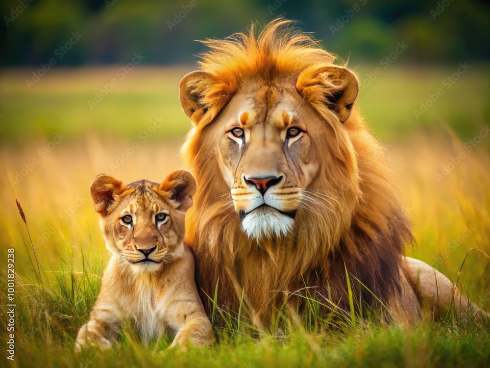 Obraz premium Majestic Lion and Playful Cub Resting Together in the Grasslands of the African Savanna