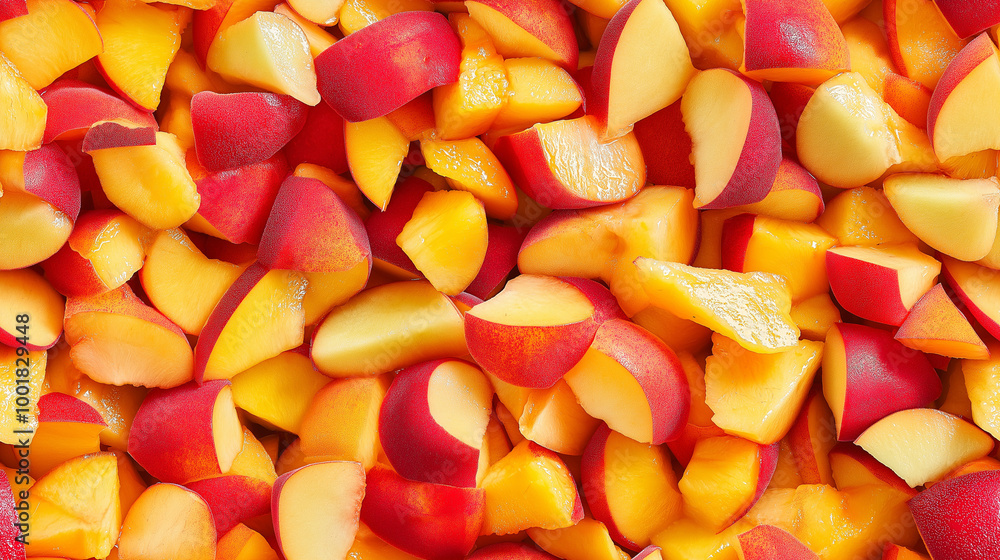 a close-up, top-down view, texture background of chopped peaches spread across the entire frame, filling the image with their soft yellow and red colors in irregular chunks a close-up, top-down view, texture background of chopped peaches spread across the entire frame, filling the image with their soft yellow and red colors in irregular chunks