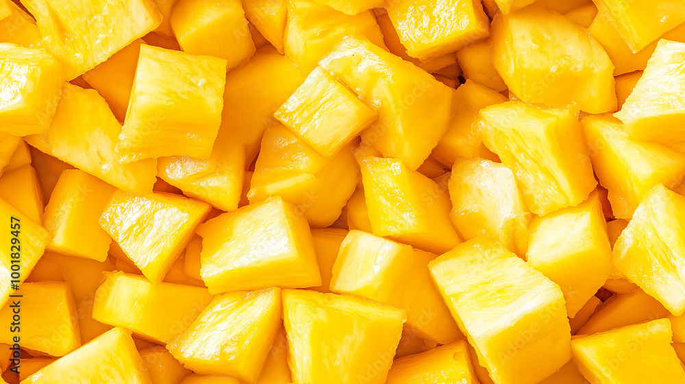 a close-up, top-down view, texture background of chopped pineapple spread across the entire frame, filling the image with their bright yellow color and juicy texture in irregular chunks a close-up, top-down view, texture background of chopped pineapple spread across the entire frame, filling the image with their bright yellow color and juicy texture in irregular chunks