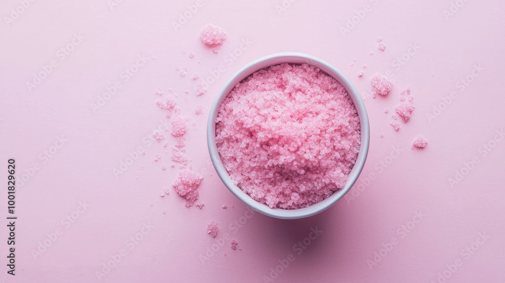 Bowl of pink bath salts on a pastel background Bowl of pink bath salts on a pastel background