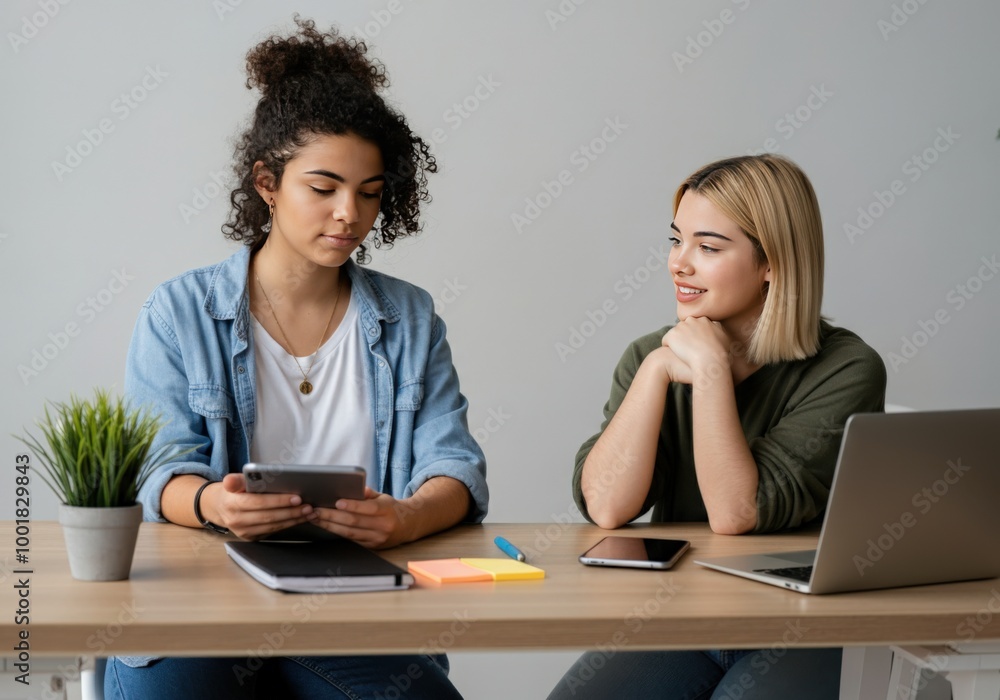Two Diverse Women Working Together on a Project at a Desk Two Diverse Women Working Together on a Project at a Desk