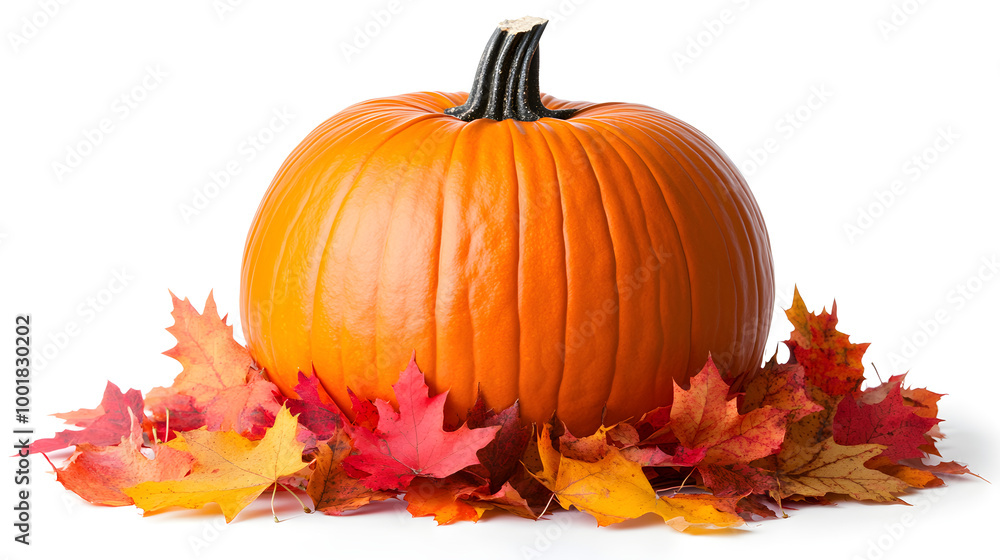 A large pumpkin surrounded by colorful autumn leaves A large pumpkin surrounded by colorful autumn leaves