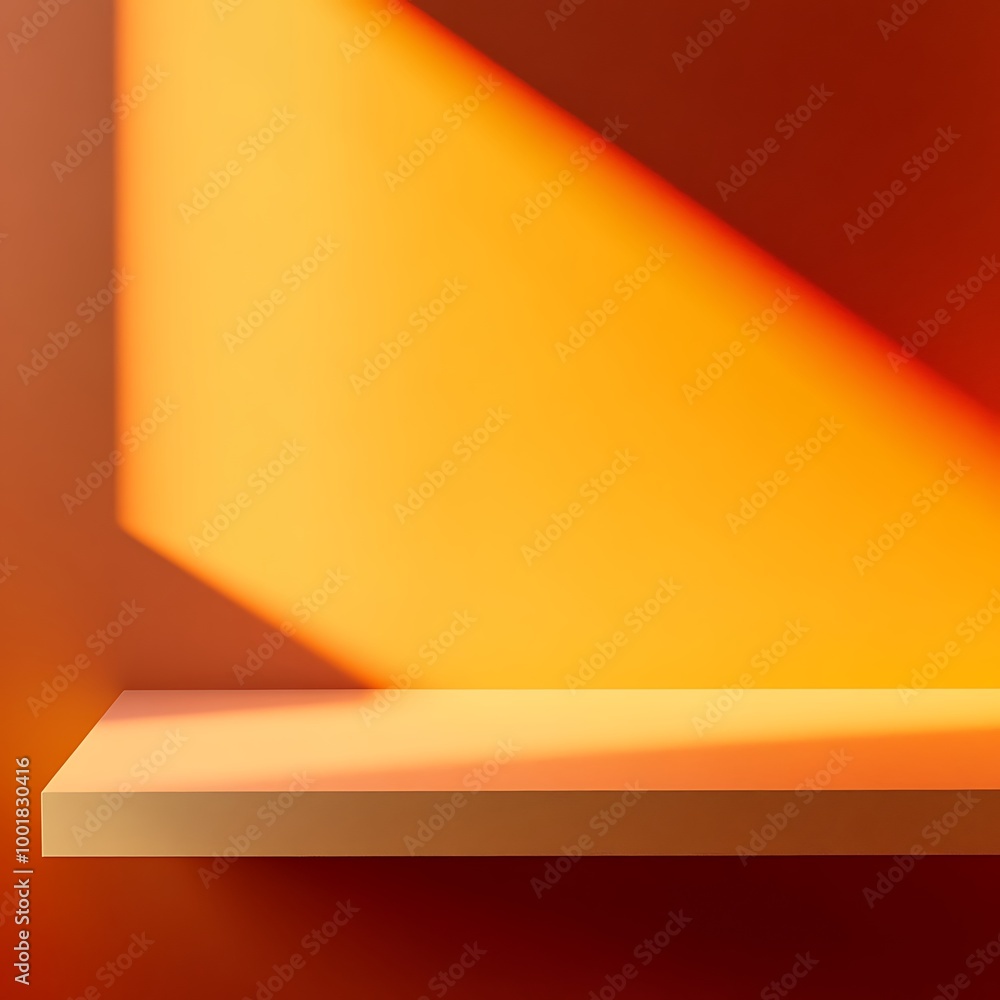 3D studio room with orange background. Empty floor and wall with product podium. Shadow overlay from window to countertop. Mockup illustration with sunlight. 3D studio room with orange background. Empty floor and wall with product podium. Shadow overlay from window to countertop. Mockup illustration with sunlight.