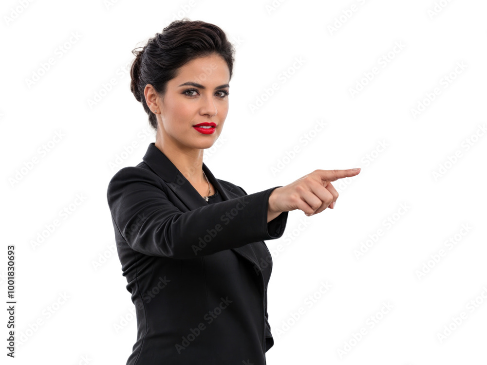 Mulher elegante com o dedo indicador apontando para o lado, apresentando algo Mulher elegante com o dedo indicador apontando para o lado, apresentando algo