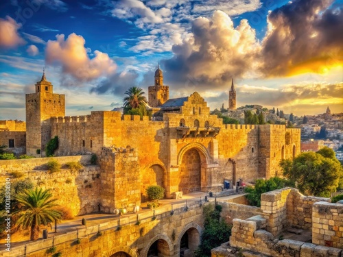 Majestic View of the Golden Gate in Jerusalem Surrounded by Ancient Stone Walls and Blue Sky