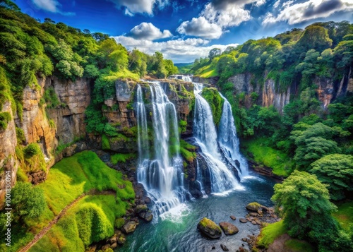Majestic Waterfall Cascading Down Rocky Cliff Surrounded by Lush Greenery in Nature's Splendor