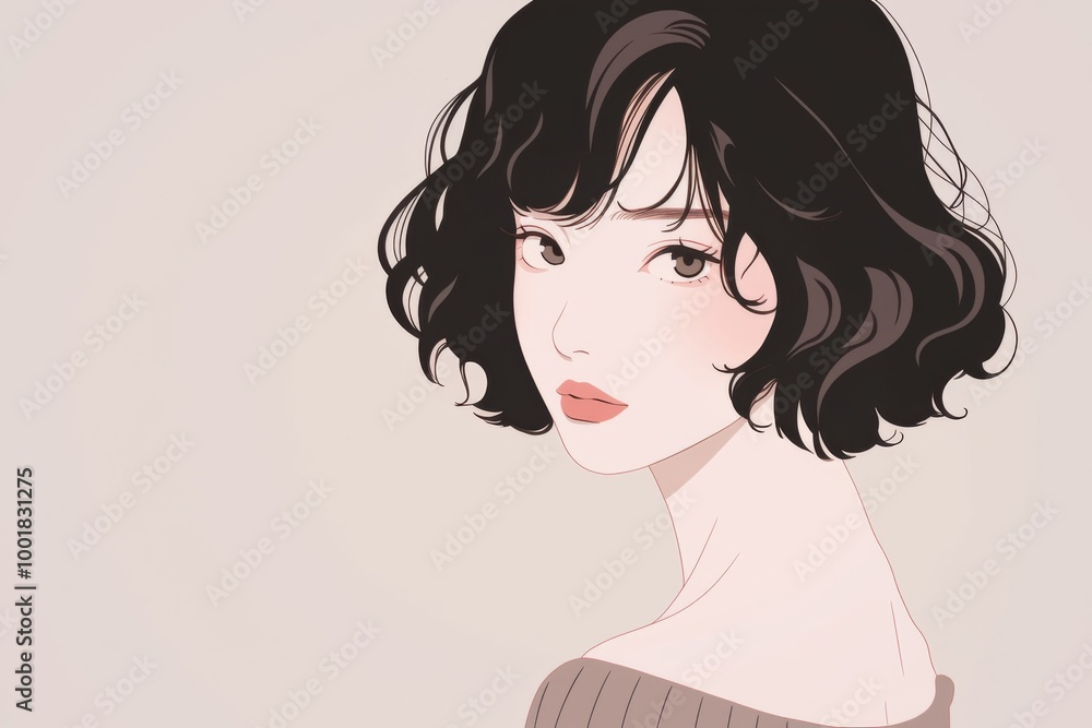 A woman with short hair, light skin, and dark eyes, portrayed in a minimalistic style with ample copy space for text. A woman with short hair, light skin, and dark eyes, portrayed in a minimalistic style with ample copy space for text.