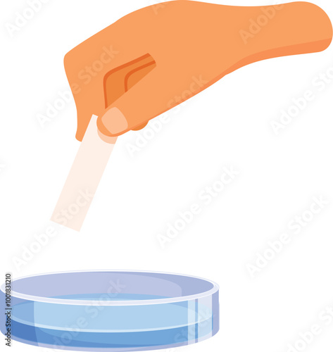Scientist is holding a piece of litmus paper over a petri dish with blue liquid