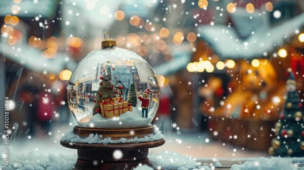 A snow globe sits in the snow, capturing a miniature Christmas scene with a tiny tree and a figurine, with the festive market in the background. A snow globe sits in the snow, capturing a miniature Christmas scene with a tiny tree and a figurine, with the festive market in the background.
