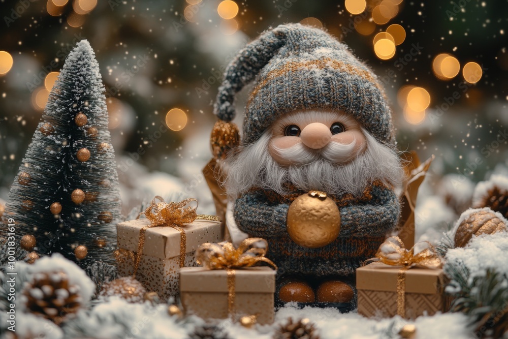 Obraz premium Christmas decoration with Santa Claus toy and gift box on bokeh background. Santa Claus on a small wooden sleigh with gifts. Christmas greeting card.
