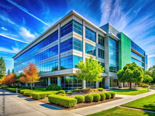 Modern corporate office building in Sunnyvale with a bright blue sky and lush green surroundings