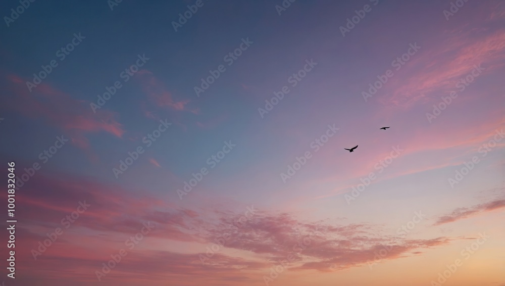 Bird flying in vibrant pink and blue sunset sky Bird flying in vibrant pink and blue sunset sky