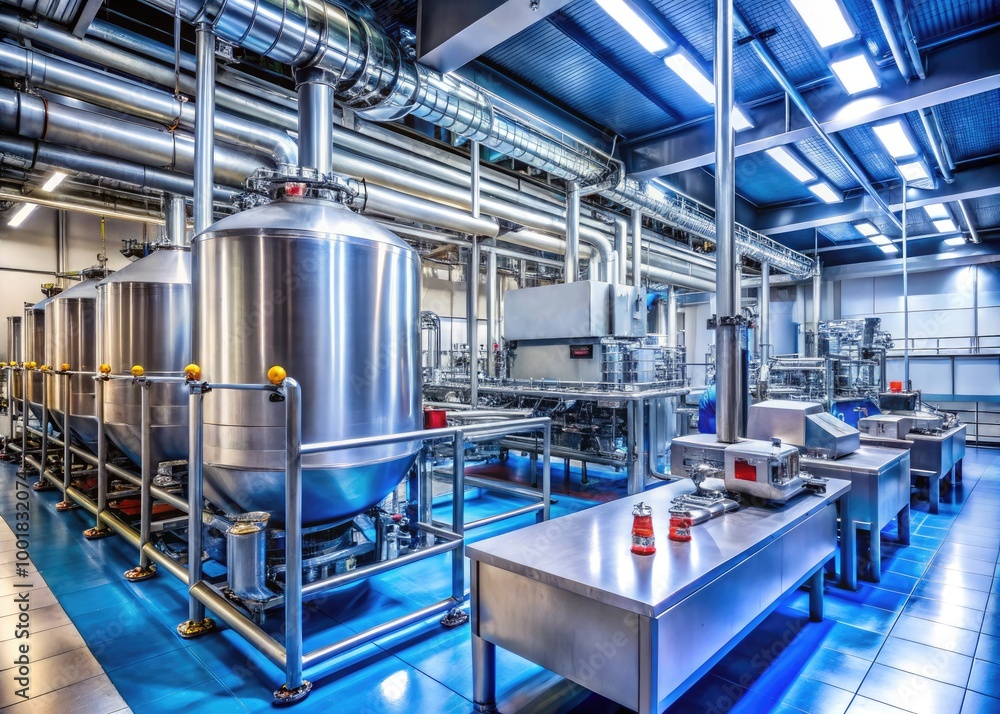 Fototapeta premium Modern Industrial Plant Equipment for Food and Beverage Production in a High-Tech Factory Setting