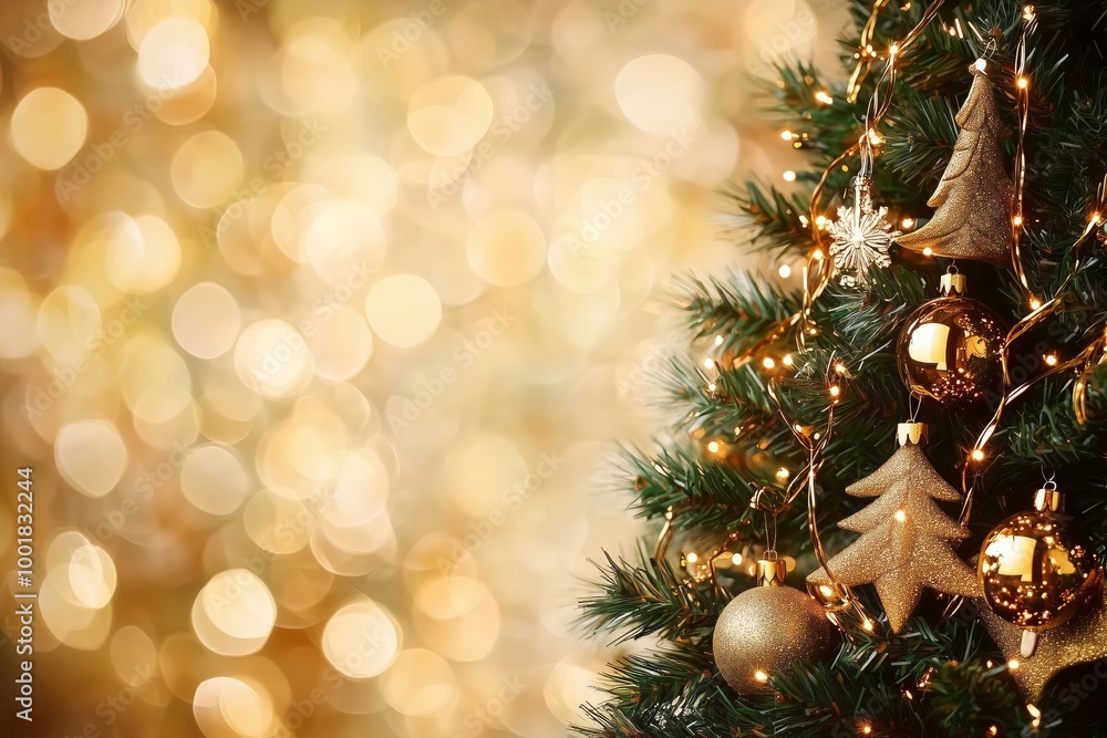 Gold Christmas background of defocused lights with decorated tree Gold Christmas background of defocused lights with decorated tree