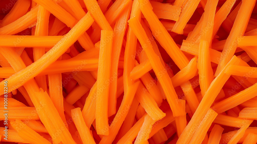 a close-up, top-down view, texture background of julienned carrots spread across the entire frame, filling the image with their vibrant orange color in thin, long strips a close-up, top-down view, texture background of julienned carrots spread across the entire frame, filling the image with their vibrant orange color in thin, long strips
