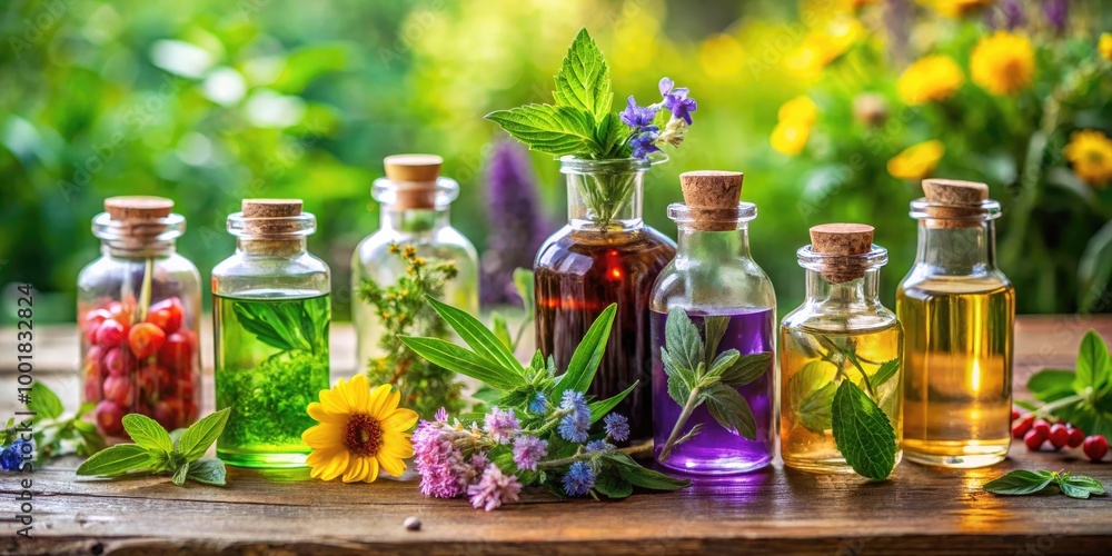 Natural Extracts in Glass Bottles with Fresh Herbal Ingredients on a Wooden Table Background Natural Extracts in Glass Bottles with Fresh Herbal Ingredients on a Wooden Table Background