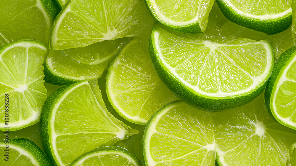 a close-up, top-down view, texture background of lime wedges spread across the entire frame, filling the image with their bright green color and textured rind a close-up, top-down view, texture background of lime wedges spread across the entire frame, filling the image with their bright green color and textured rind