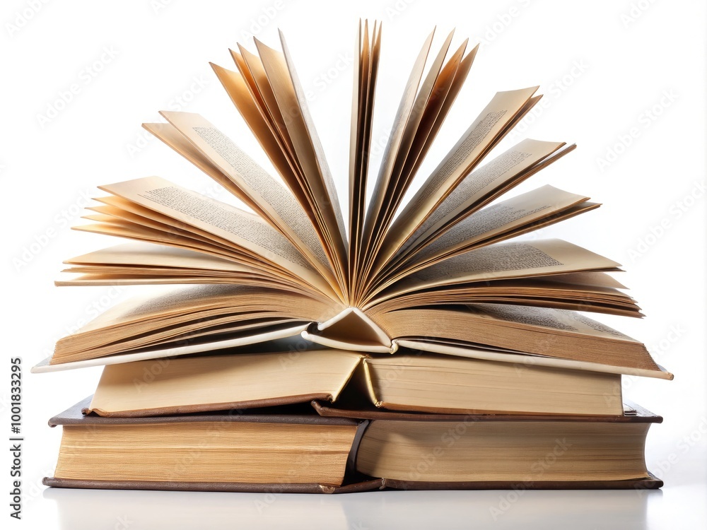 Fototapeta premium Open books displaying various literary genres isolated on a clean white background for creative use