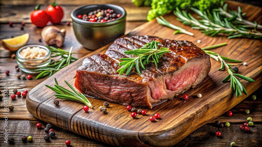 Perfectly Cooked Well-Done Steak on a Wooden Cutting Board with Fresh Herbs and Seasoning Spices Perfectly Cooked Well-Done Steak on a Wooden Cutting Board with Fresh Herbs and Seasoning Spices