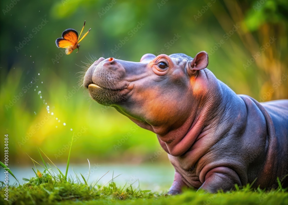 Playful Baby Hippo with Butterfly on Nose Against a White Backdrop Capturing Joy and Innocence Playful Baby Hippo with Butterfly on Nose Against a White Backdrop Capturing Joy and Innocence