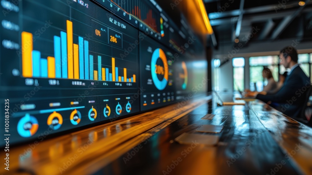 Business team in a meeting room discussing charts and graphs on a digital screen Business team in a meeting room discussing charts and graphs on a digital screen