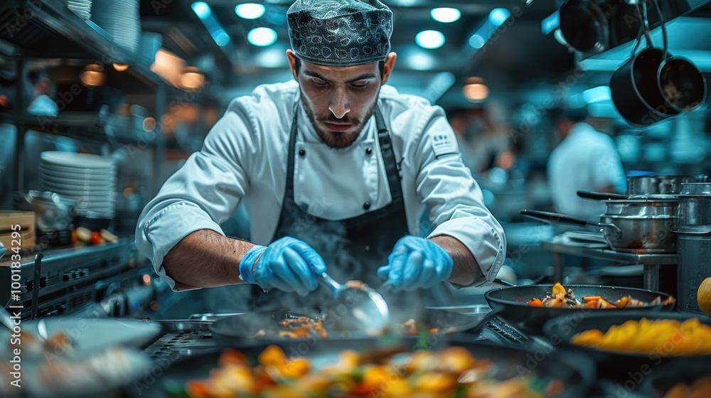 Chef preparing gourmet dishes in a modern restaurant kitchen Chef preparing gourmet dishes in a modern restaurant kitchen