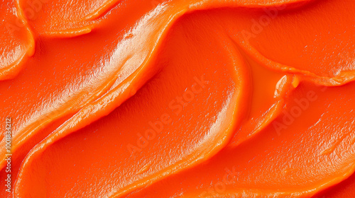 a close-up, top-down view, texture background of paprika puree filling the frame with its vibrant red-orange color and smooth texture