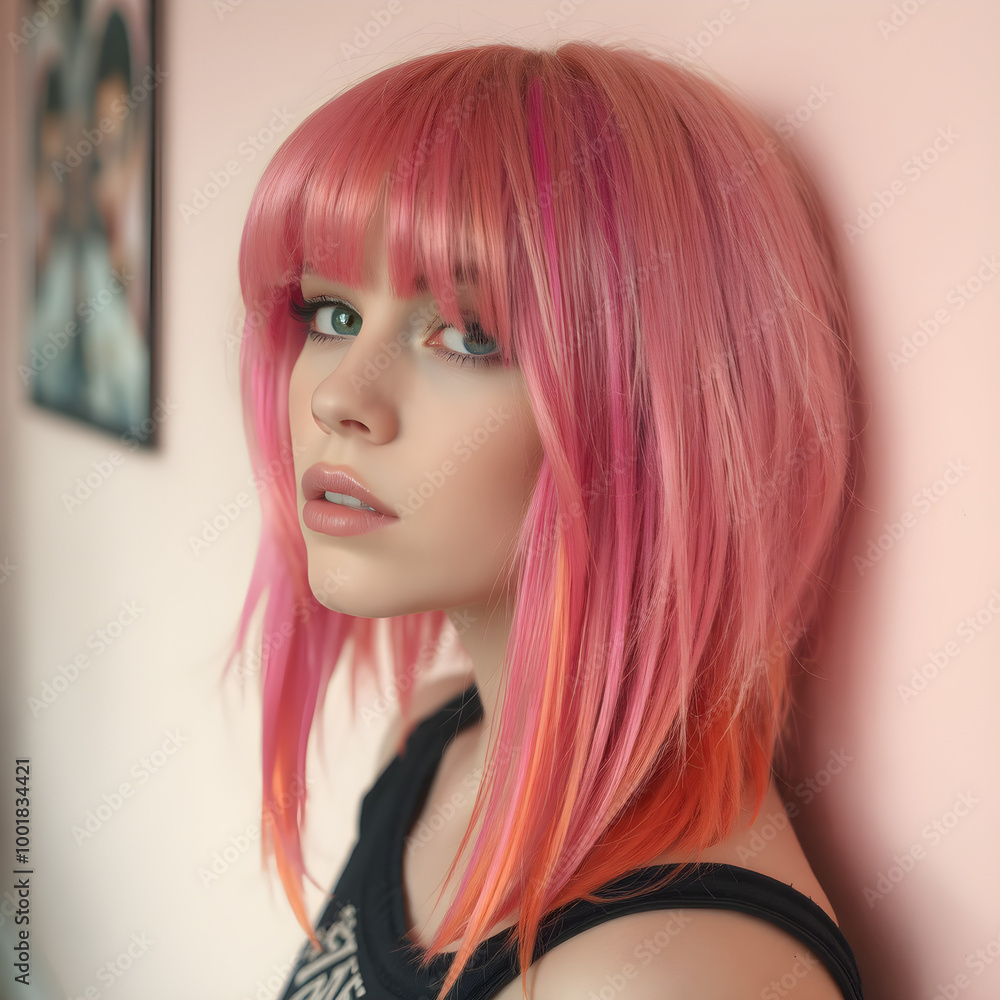 Una preciosa joven con un peinado bicolor en tonos rosa y naranja. Una preciosa joven con un peinado bicolor en tonos rosa y naranja.