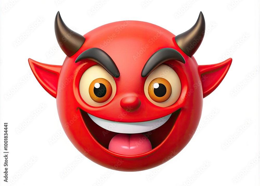 Fototapeta premium Playful Emoji Devil Character with Horns, Grinning Face, and Mischievous Expression on White Background