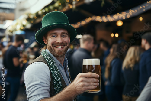 Young Caucasian man celebrating St. Patrick’s Day at an outdoor event, smiling and holding a large glass of beer, wearing a traditional green hat and scarf photo