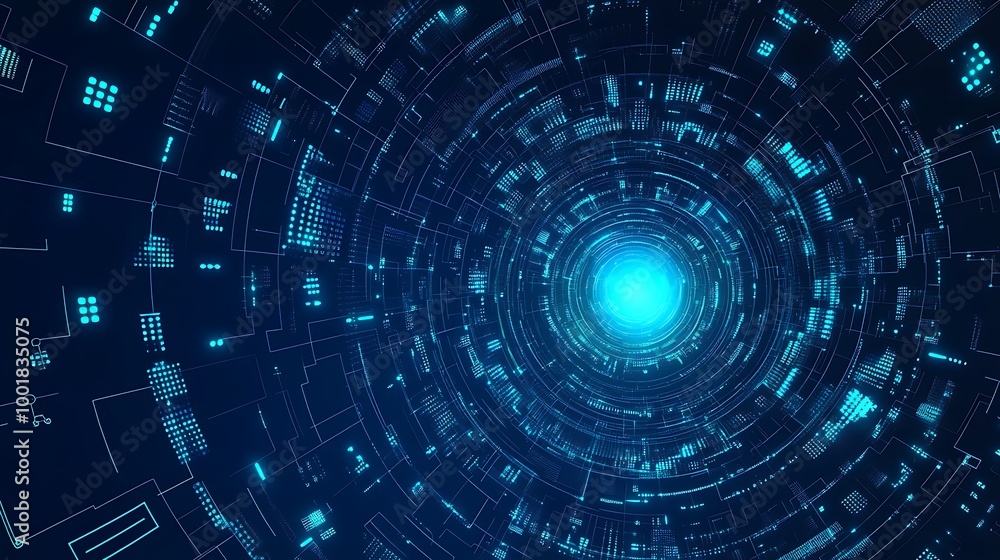 Abstract digital tunnel with glowing blue light and data patterns. Abstract digital tunnel with glowing blue light and data patterns.