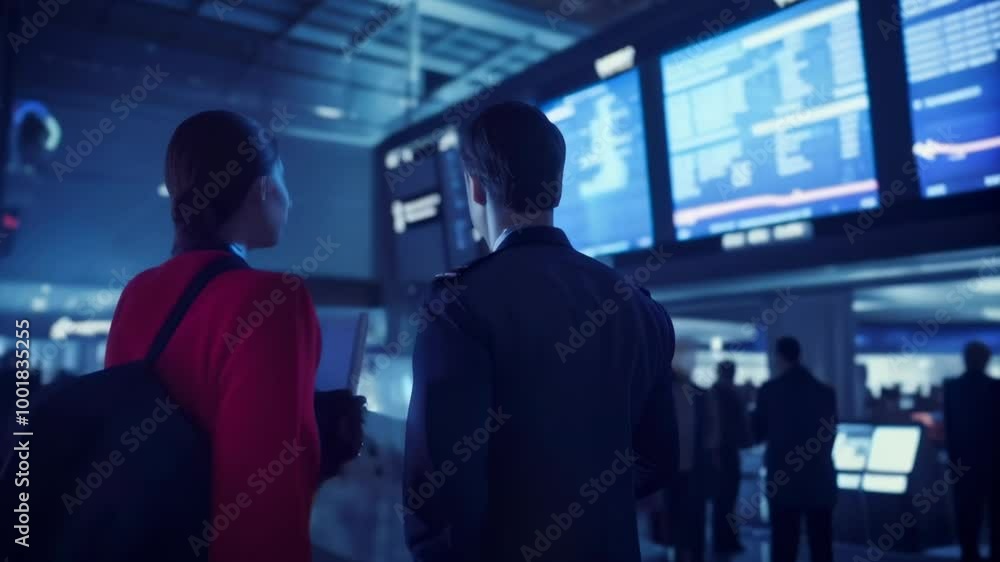 Pilot and a flight attendant are checking the timetable at the airport, ensuring a smooth and timely journey for passengers Pilot and a flight attendant are checking the timetable at the airport, ensuring a smooth and timely journey for passengers