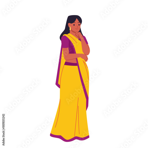 Indian girl in yellow saree holding chin with hand to think about problems. Pensive puzzled female character in traditional clothes standing, full body portrait of woman cartoon vector illustration