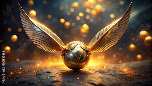 Realistic golden snitch with intricate details, shimmering wings, and a magical aura in soft light