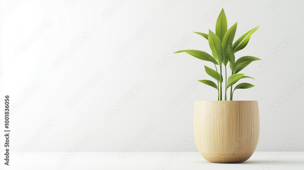modern potted plant with vibrant green leaves in wooden pot, adding touch of nature to minimalist space. This serene arrangement enhances ambiance of any room. modern potted plant with vibrant green leaves in wooden pot, adding touch of nature to minimalist space. This serene arrangement enhances ambiance of any room.
