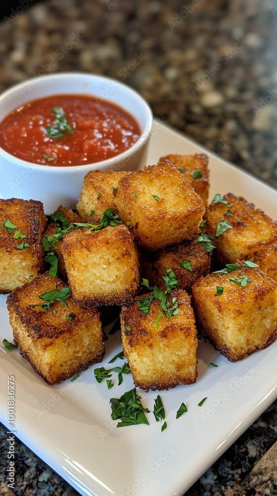 Golden Fried Polenta Squares Accompanied by Marinara Dipping Sauce and Topped with Fresh Herbs Golden Fried Polenta Squares Accompanied by Marinara Dipping Sauce and Topped with Fresh Herbs