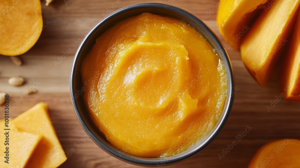 Pumpkin puree. Food background. Top view Pumpkin puree. Food background. Top view