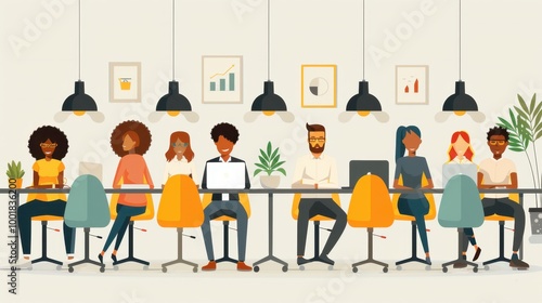 Flat vector illustration of diverse business people working together in an office environment 