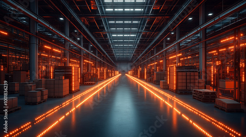 A digital warehouse with boxes and tables data visualization concept on the floor