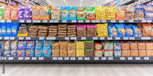 Grocery Store Snack Aisle with Variety of Packaged Snacks