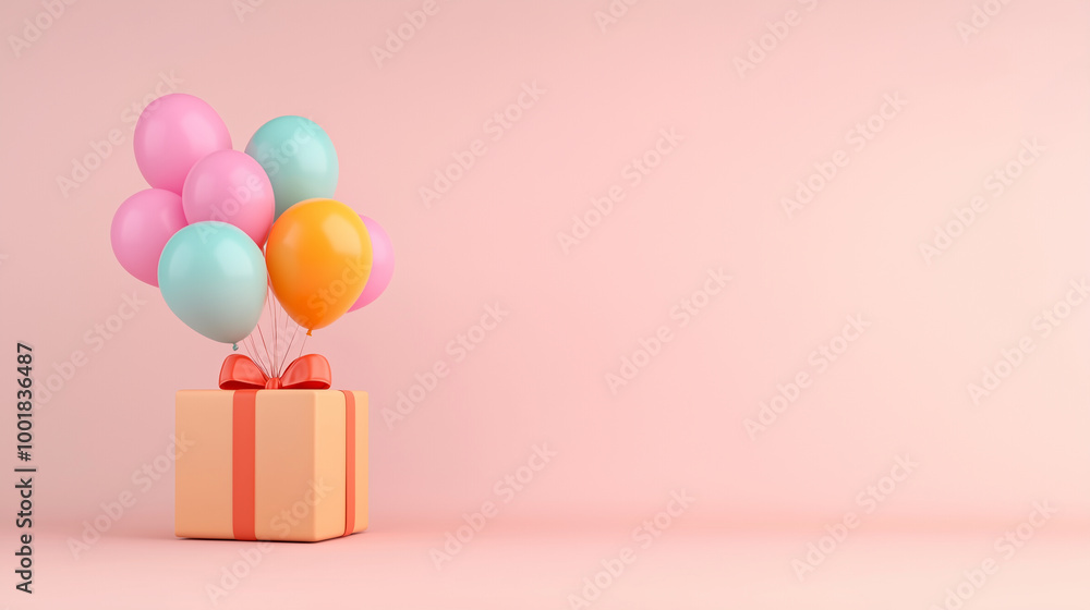 A colorful arrangement of balloons in pink, blue, and orange floats above beautifully wrapped gift box with ribbon. This festive scene evokes joy and celebration. A colorful arrangement of balloons in pink, blue, and orange floats above beautifully wrapped gift box with ribbon. This festive scene evokes joy and celebration.