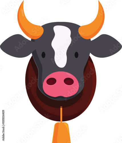 Cartoon cow head with bell hanging on wooden plaque, farm animal head isolated on white background