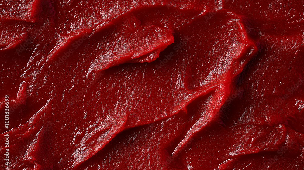 a close-up, top-down view, texture background of tomato paste spread across the frame, filling the image with its deep red color and thick, smooth texture a close-up, top-down view, texture background of tomato paste spread across the frame, filling the image with its deep red color and thick, smooth texture